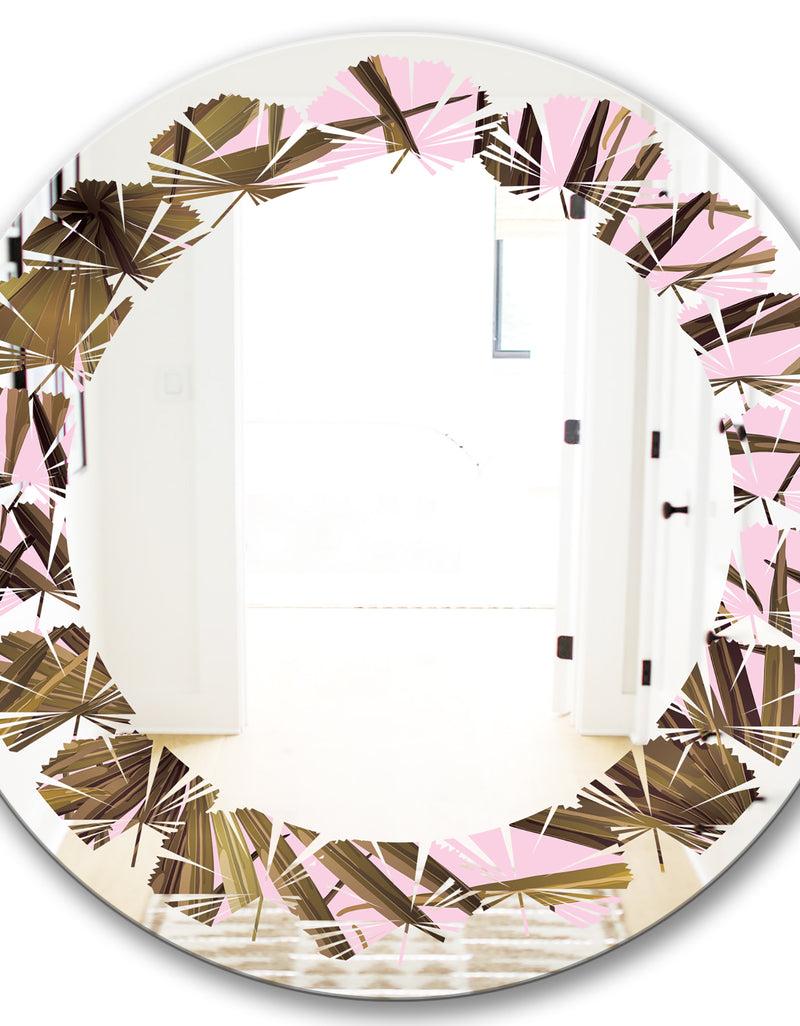 Designq Tropical Leaves On Pink - Modern Round Or Oval Wall Mirror - Leaves