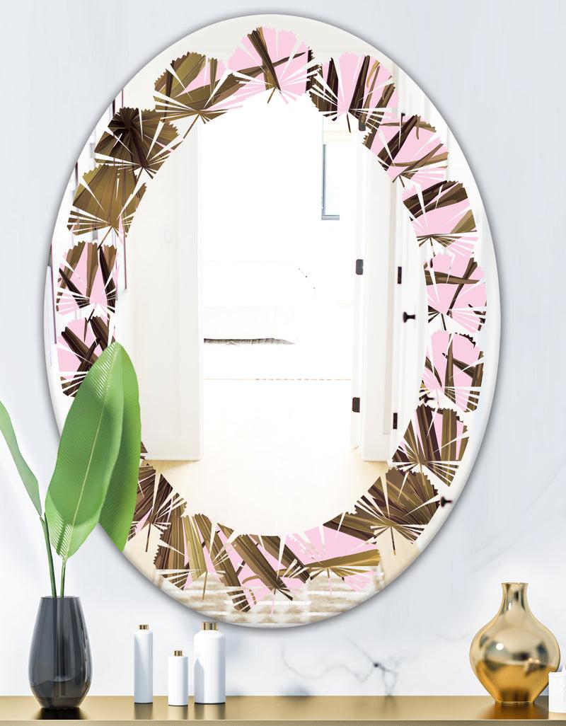 Designq Tropical Leaves On Pink - Modern Round Or Oval Wall Mirror - Leaves