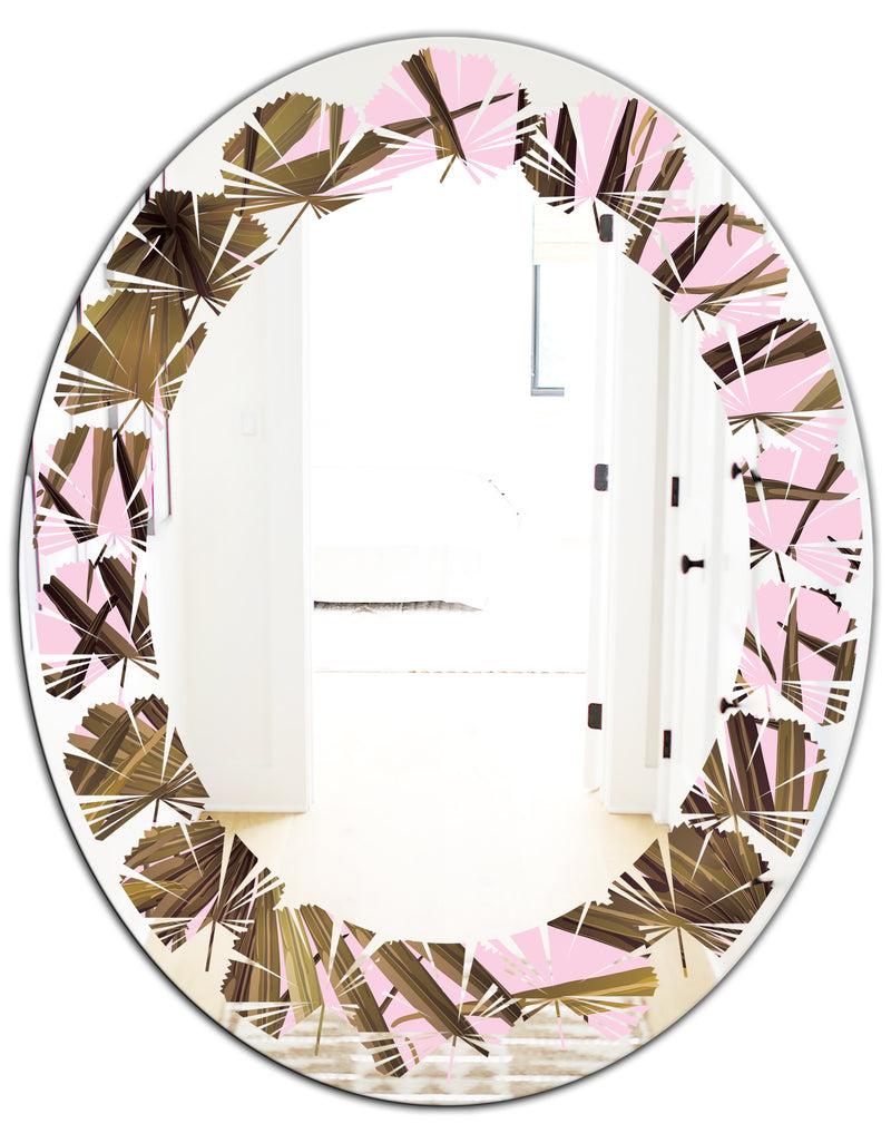 Designq Tropical Leaves On Pink - Modern Round Or Oval Wall Mirror - Leaves