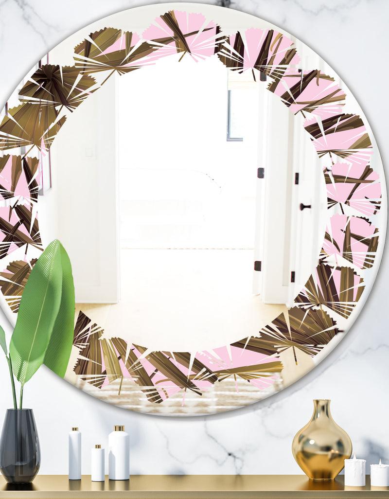 designq Tropical Leaves On Pink - Modern Round or Oval Wall Mirror - Leaves