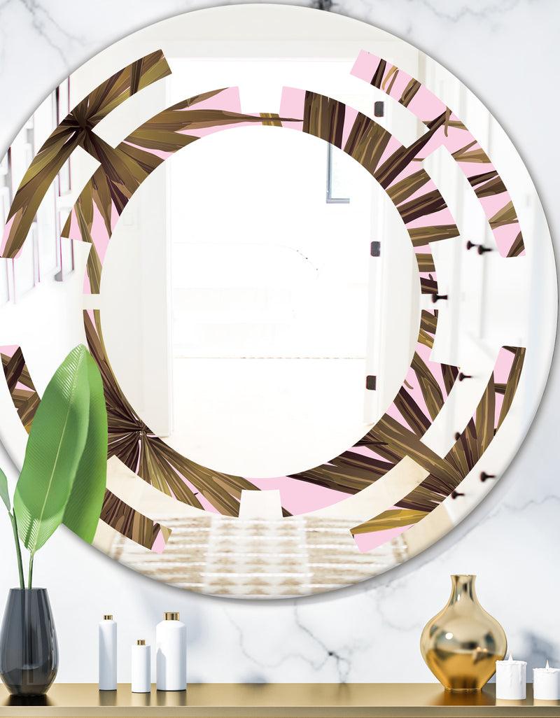 designq Tropical Leaves On Pink - Modern Round or Oval Wall Mirror - Space