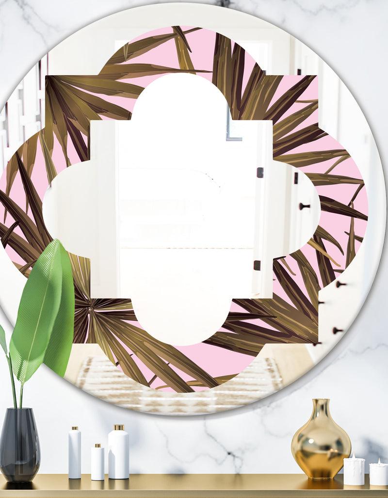designq Tropical Leaves On Pink - Modern Round or Oval Wall Mirror - Quatrefoil