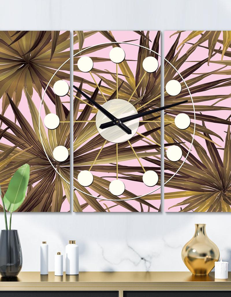 designq Tropical Leaves On Pink - Oversized Mid-Century wall clock - 3 Panels