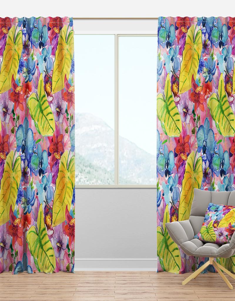 designq Tropical Yellow Leaves and Blue and Red Flowers - Floral Curtain Panels