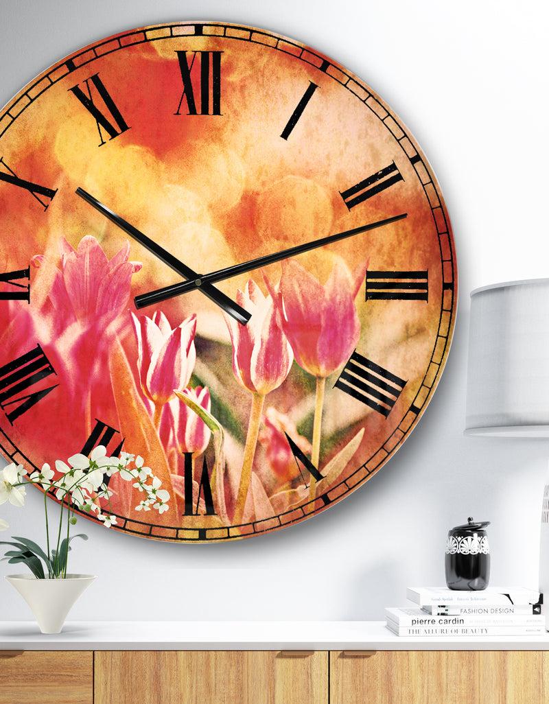 designq Tulips on Abstract Red Background - Floral Large Wall CLock