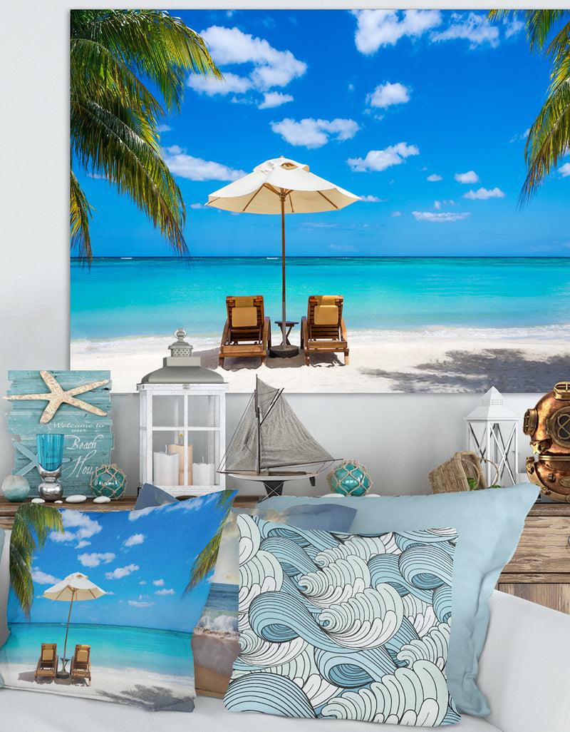 designq Turquoise Beach with Chairs - Seashore Photo Canvas Print