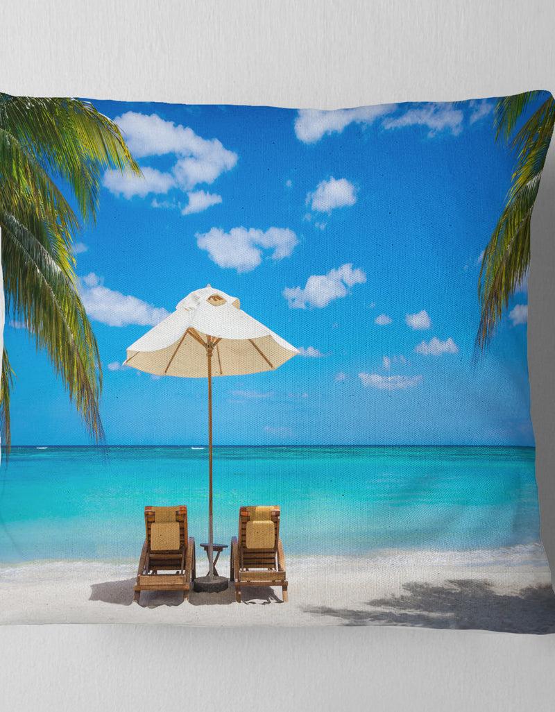 Designq Turquoise Beach With Chairs - Seashore Photo Throw Pillow