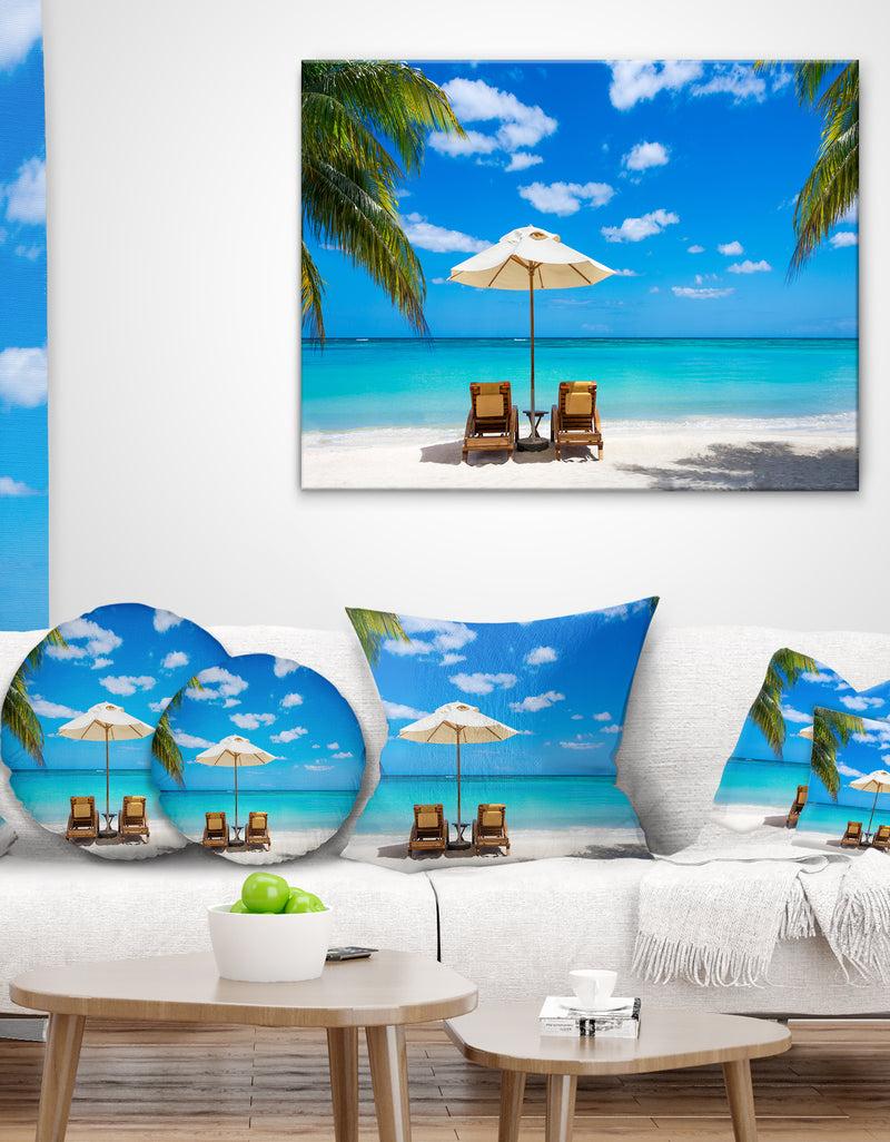 designq Turquoise Beach with Chairs - Seashore Photo Throw Pillow