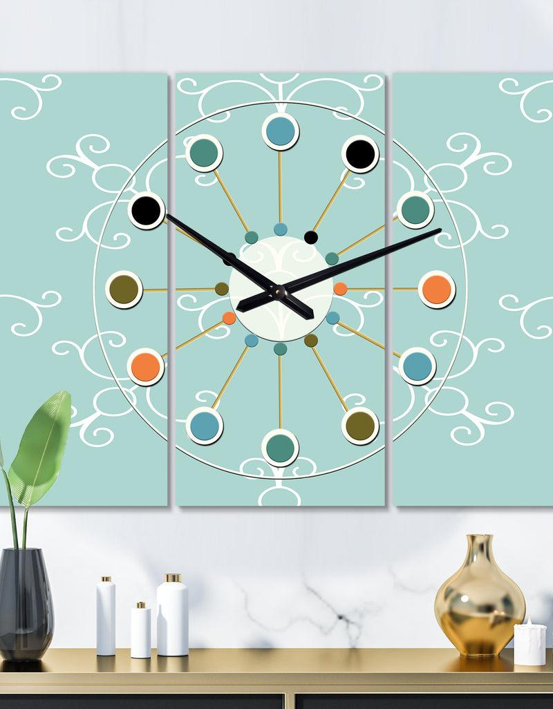 designq Turquoise Minimal Ornament - Oversized Mid-Century wall clock - 3 Panels