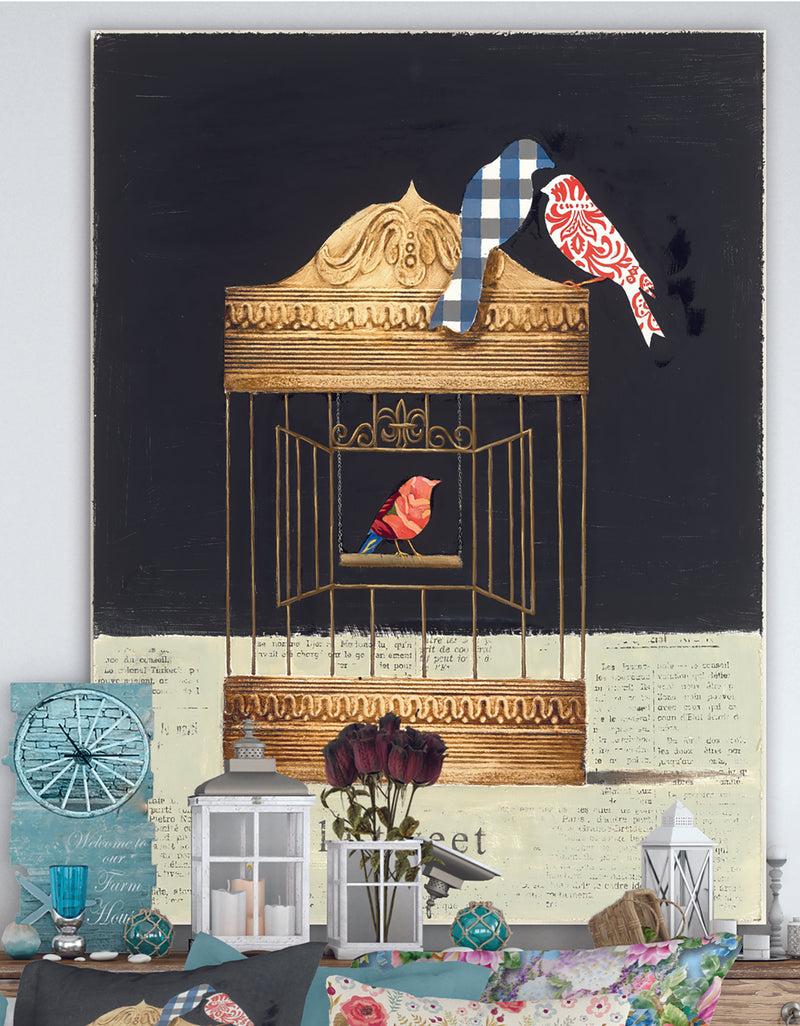 designq Tweet Gold Birdcage Collage - Traditional Canvas Art