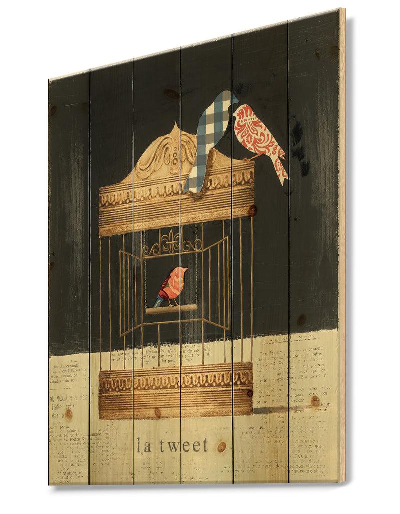 Designq Tweet Gold Birdcage Collage - Traditional Print On Natural Pine Wood