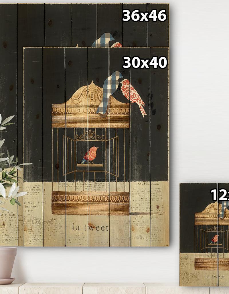Designq Tweet Gold Birdcage Collage - Traditional Print On Natural Pine Wood