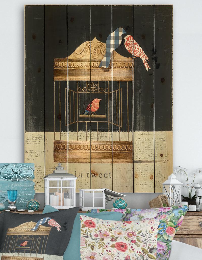 designq Tweet Gold Birdcage Collage - Traditional Print on Natural Pine Wood