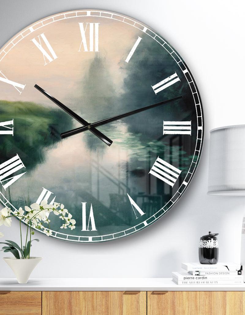 designq Twilight Fog Lakeshore - Landscape & Nature Large Wall CLock
