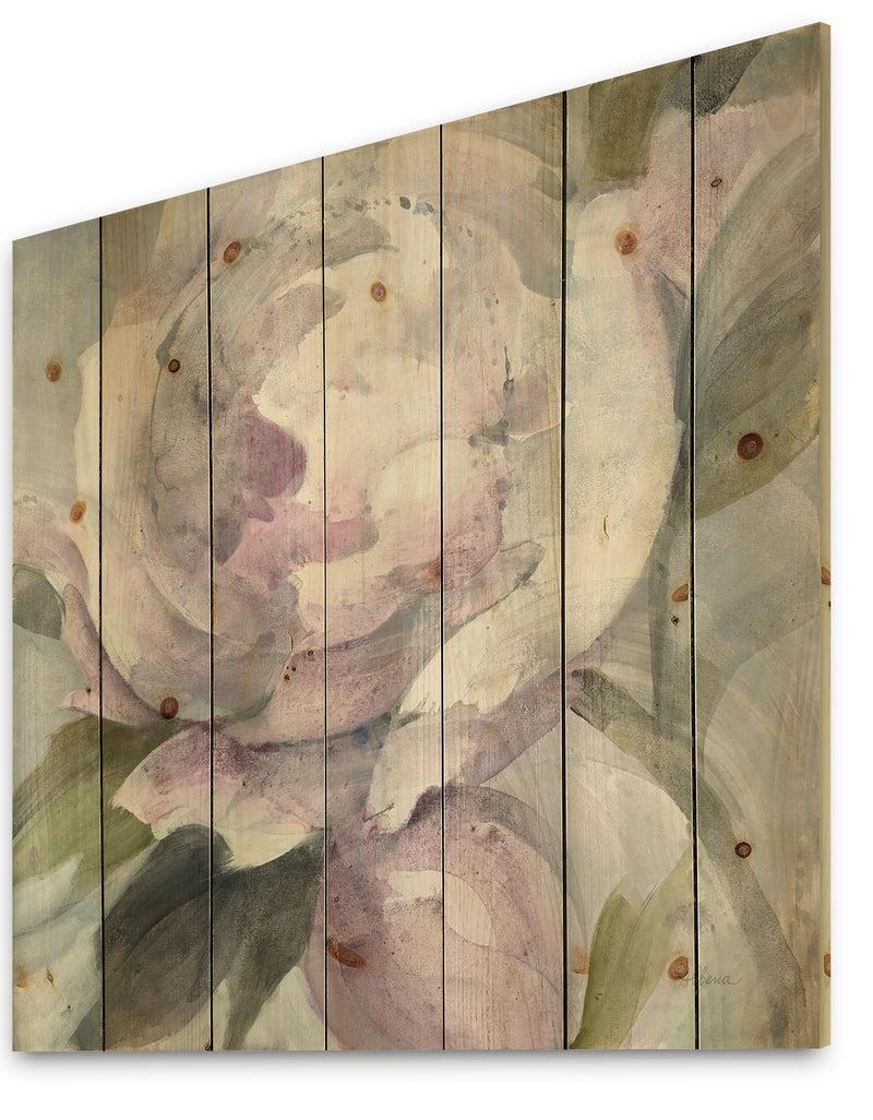 Designq Twilight Peony - Shabby Chic Print On Natural Pine Wood