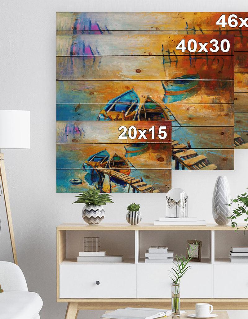 Designq Two Boats In Pier At Golden Sunset - Sea & Shore Painting Print On Natural Pine Wood