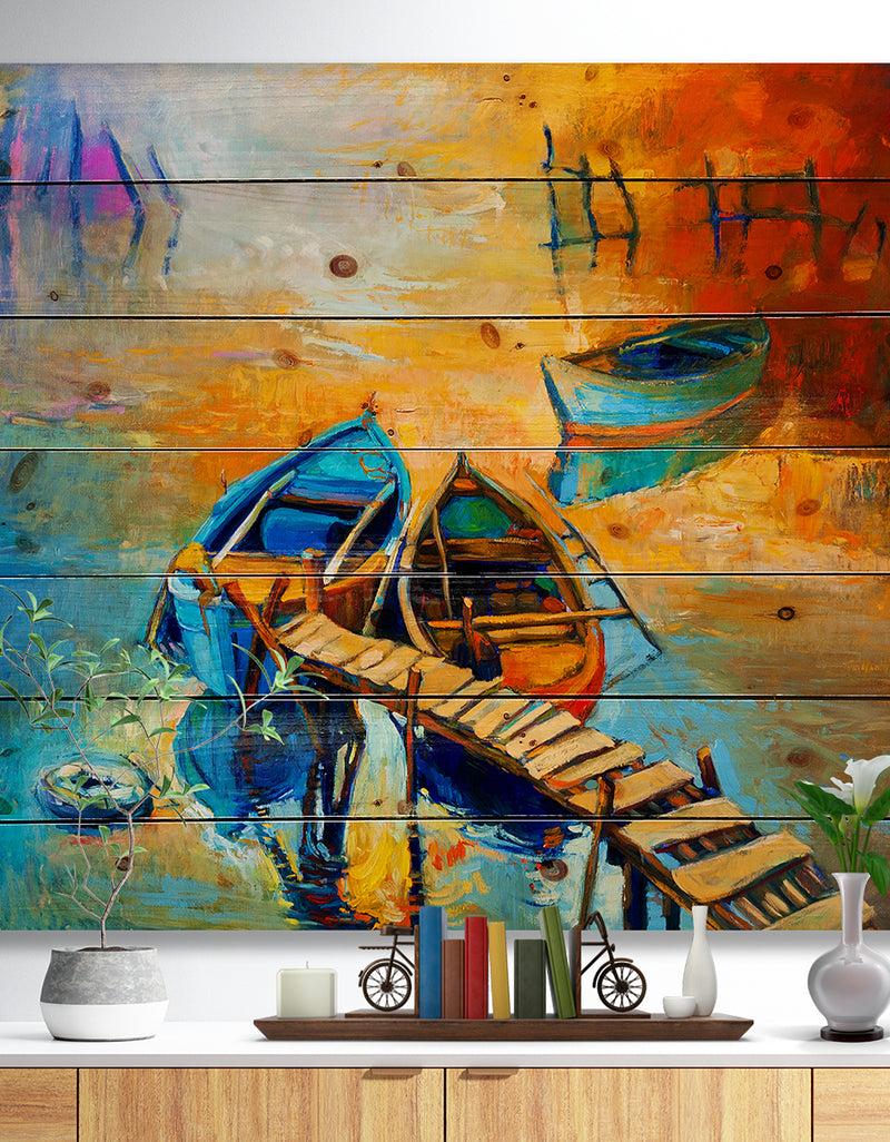 designq Two Boats in Pier at Golden Sunset - Sea & Shore Painting Print on Natural Pine Wood