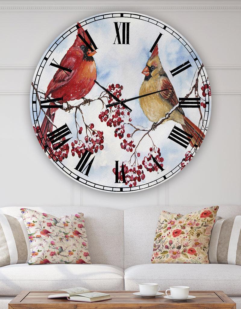 designq Two Cardinals And Snowy Winter Berries - Oversized Cottage Wall Clock