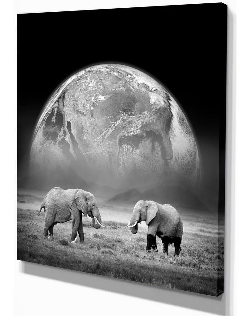 Designq Two Elephants With Earth Background - Africa Animals Photography On Wrapped Canvas