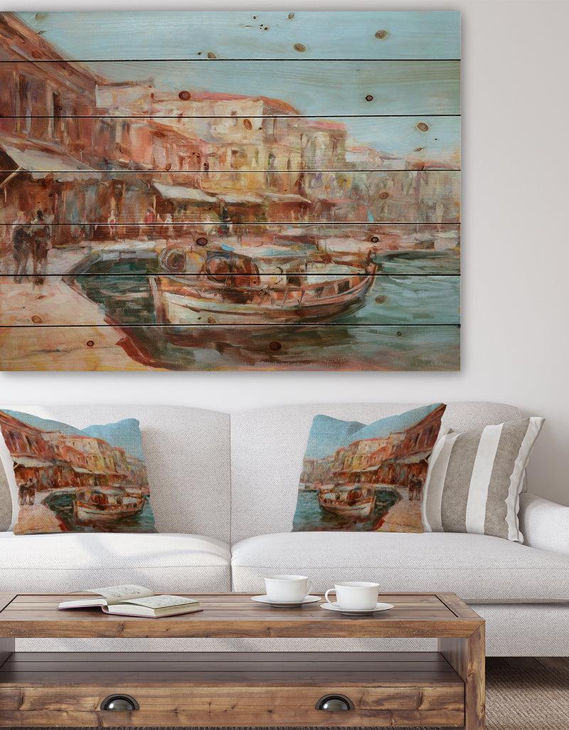 designq Two Fishing Boat in Village View - Sea & Shore Painting Print on Natural Pine Wood