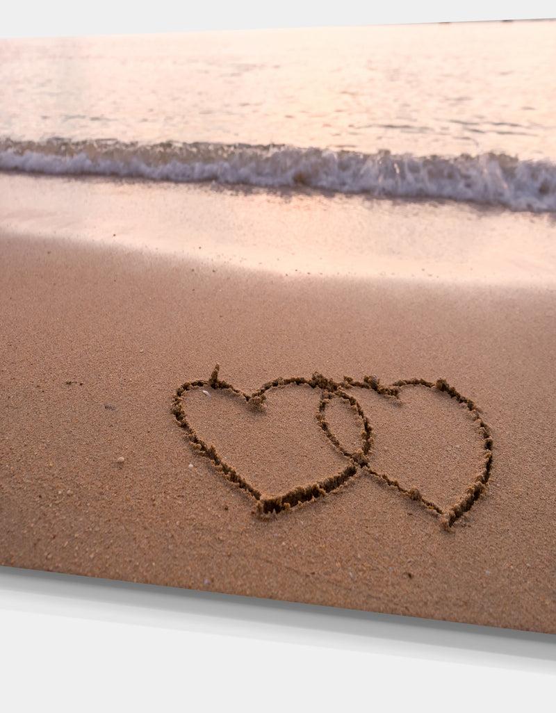Designq Two Hearts Drawn On The Beach - Extra Large Seascape Art Canvas