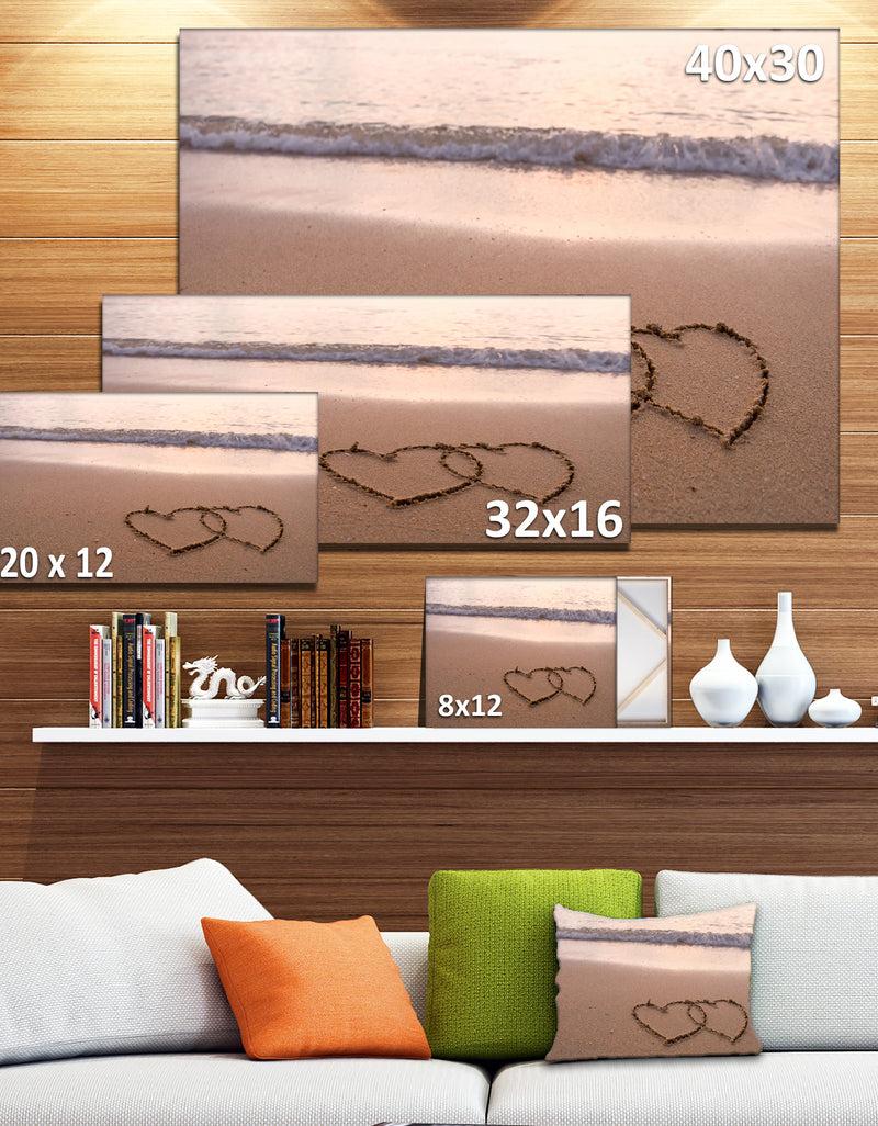 Designq Two Hearts Drawn On The Beach - Extra Large Seascape Art Canvas