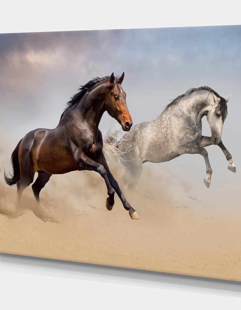 Designq Two Horse Run In Desert At Cloudy Sky - Animals PhotographyPrint On Wrapped Canvas