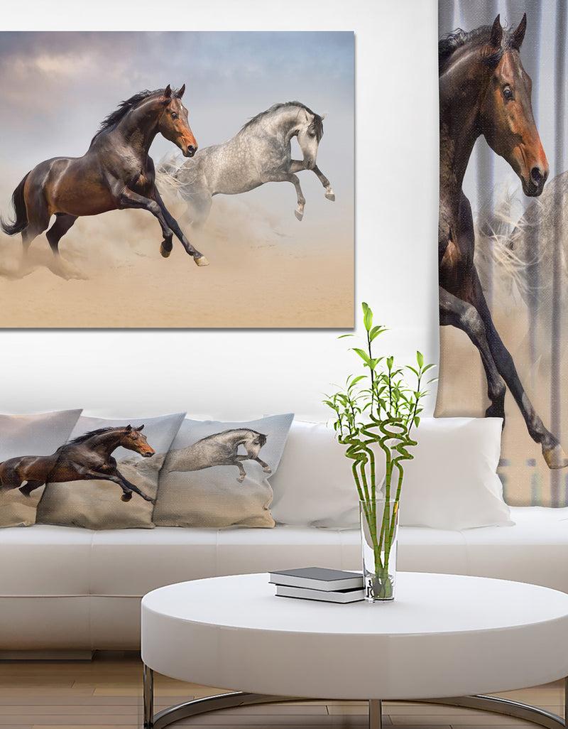 designq Two Horse Run in Desert at Cloudy Sky - Animals photographyPrint on Wrapped Canvas