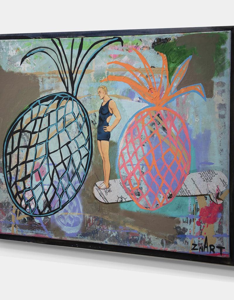 Designq Two Pineapples And A Surfboarder - Cottage Canvas Artwork
