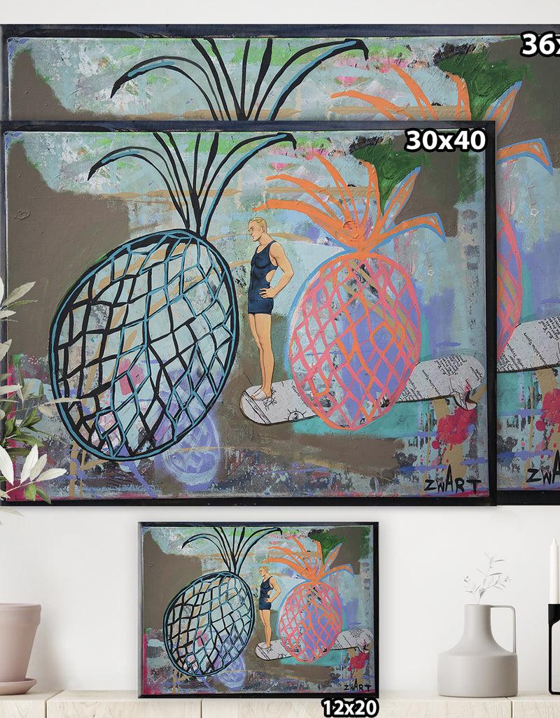 Designq Two Pineapples And A Surfboarder - Cottage Canvas Artwork