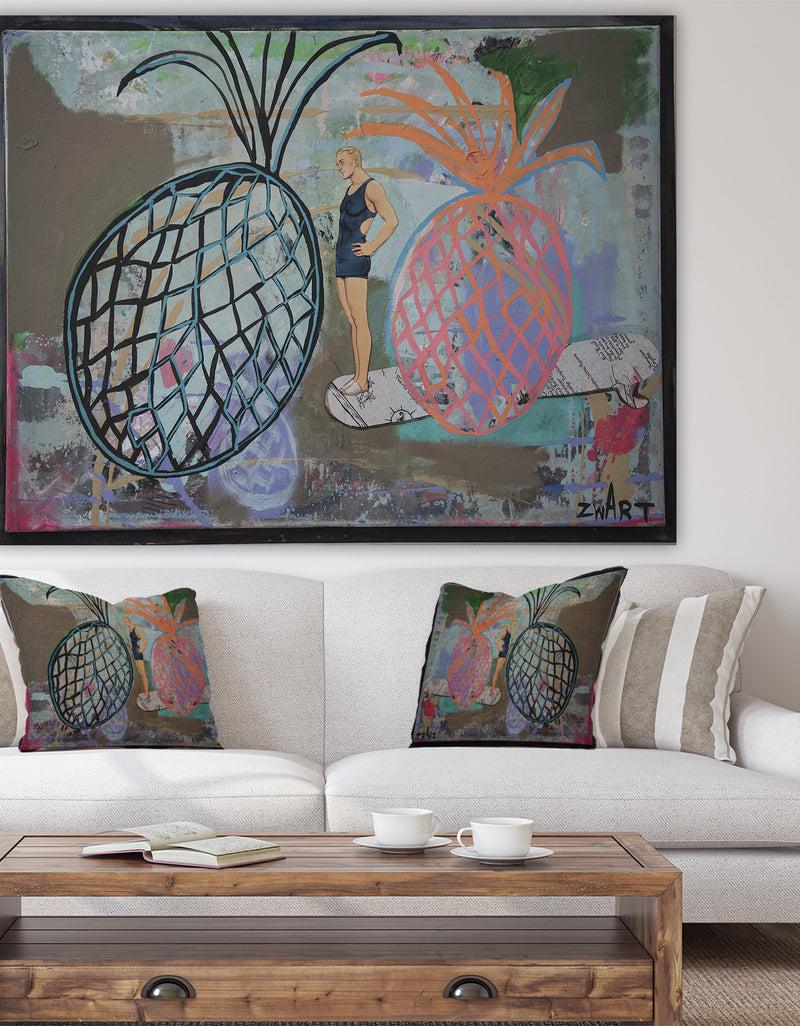 designq Two Pineapples And A Surfboarder - Cottage Canvas Artwork