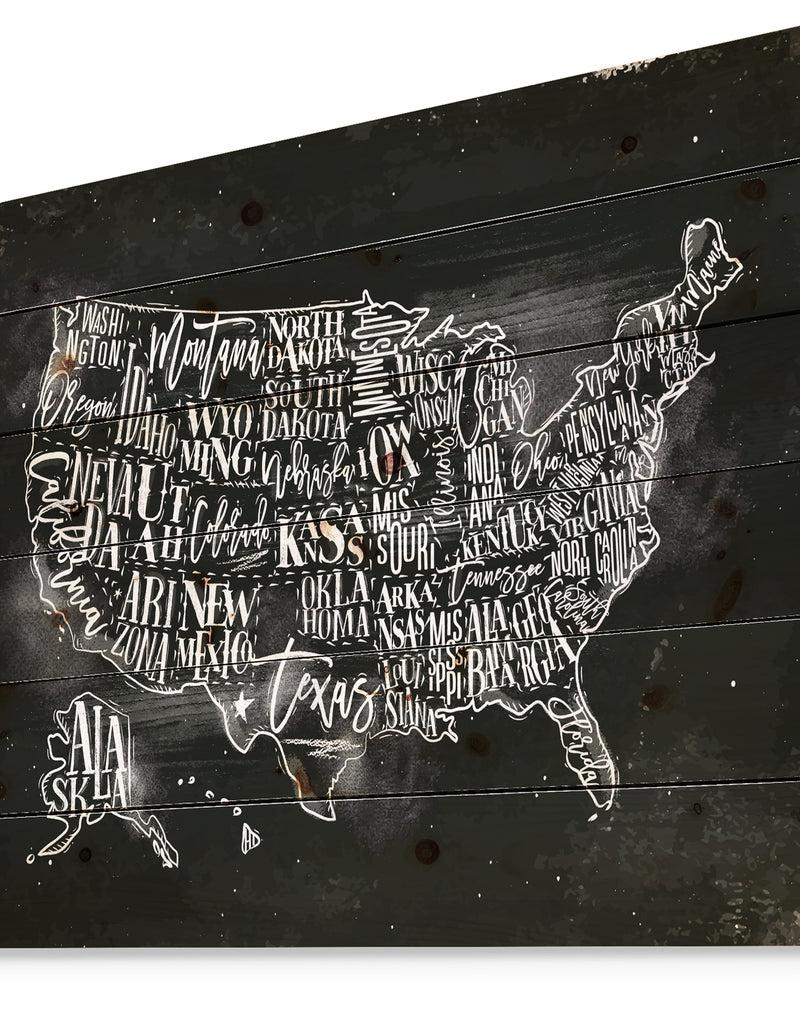 Designq United States Chalk Vintage Map - Maps Painting Print On Natural Pine Wood
