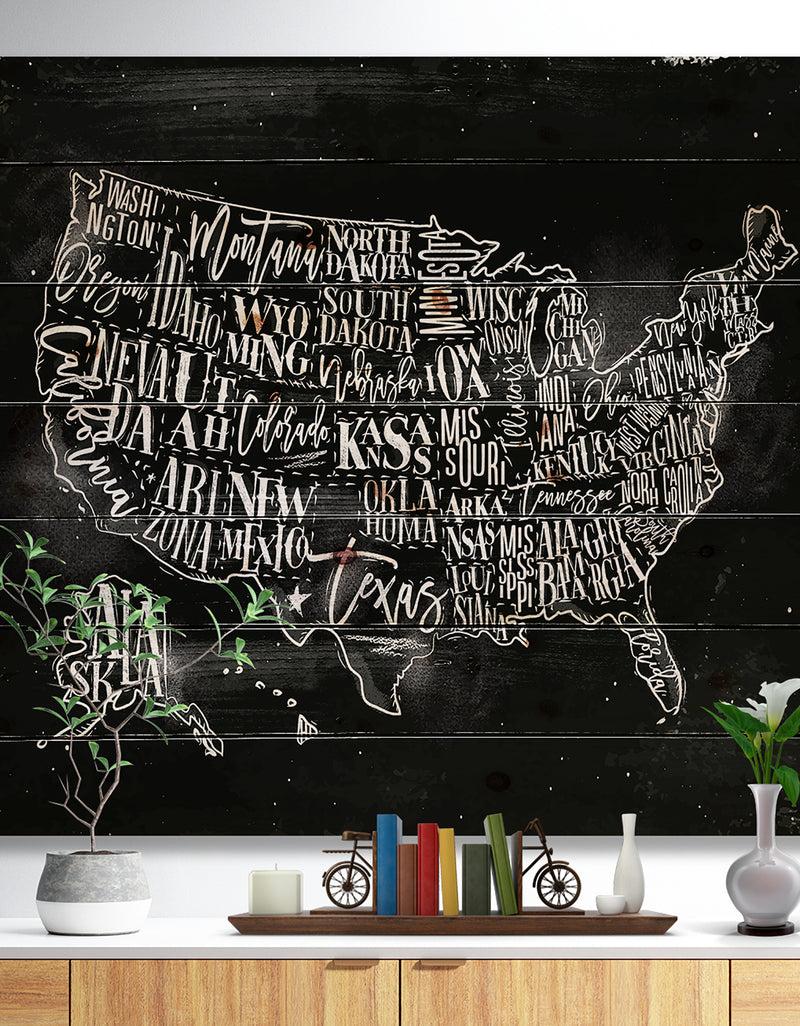 designq United States Chalk Vintage Map - Maps Painting Print on Natural Pine Wood