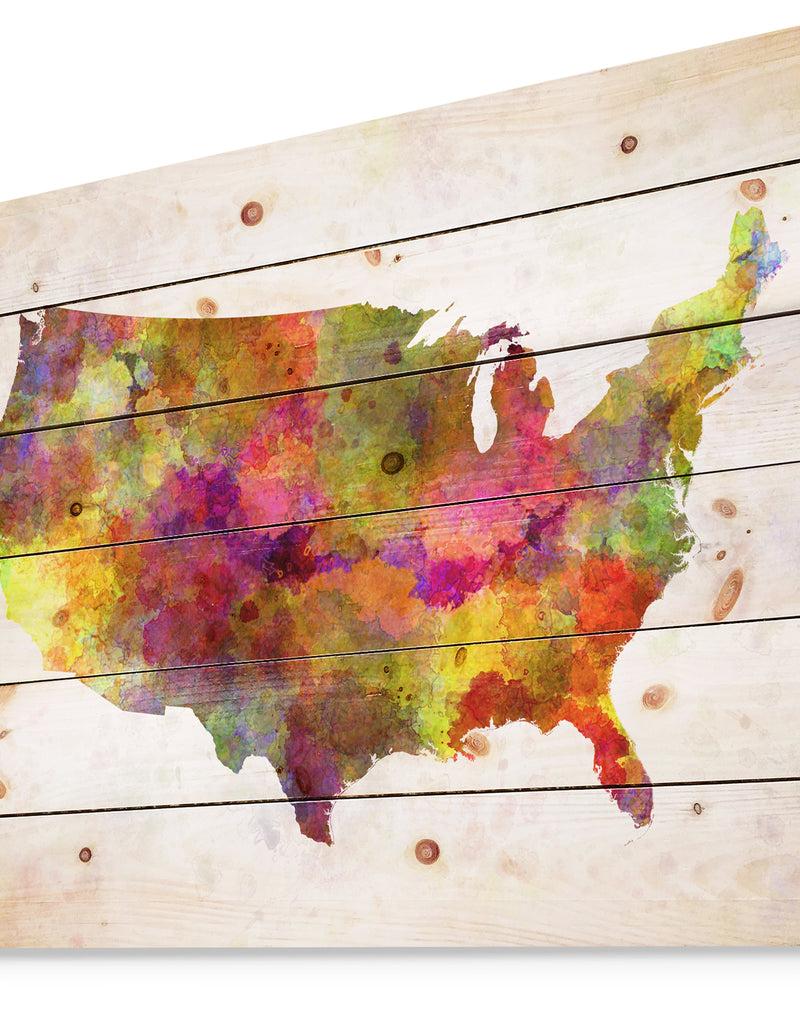 Designq United States Map In Colors - Watercolor Painting Print On Natural Pine Wood