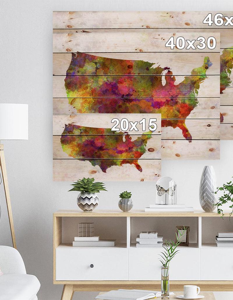 Designq United States Map In Colors - Watercolor Painting Print On Natural Pine Wood