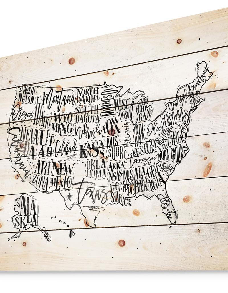 Designq United States Vintage Map In Dirty Paper - Maps Painting Print On Natural Pine Wood