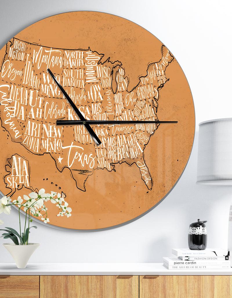 designq United States Yellow Vintage Map - Large Global Wall CLock