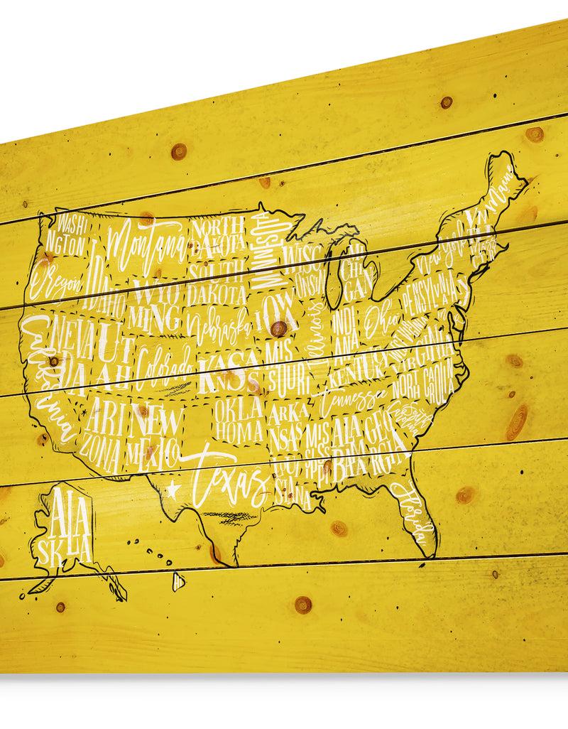 Designq United States Yellow Vintage Map - Maps Painting Print On Natural Pine Wood