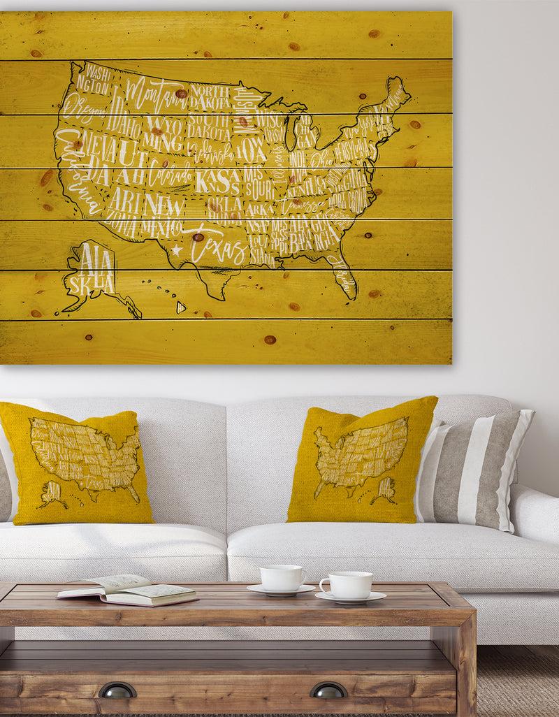 designq United States Yellow Vintage Map - Maps Painting Print on Natural Pine Wood