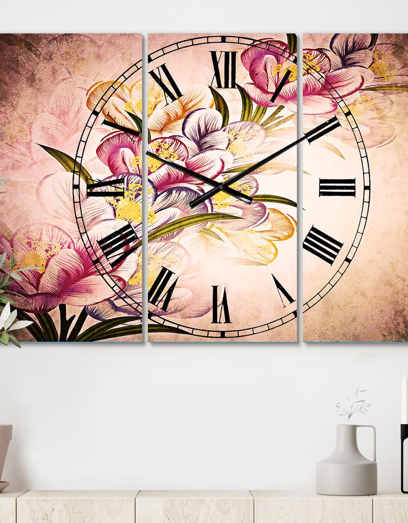 designq Vector Purple Flowers - Cottage 3 Panels Large Wall CLock