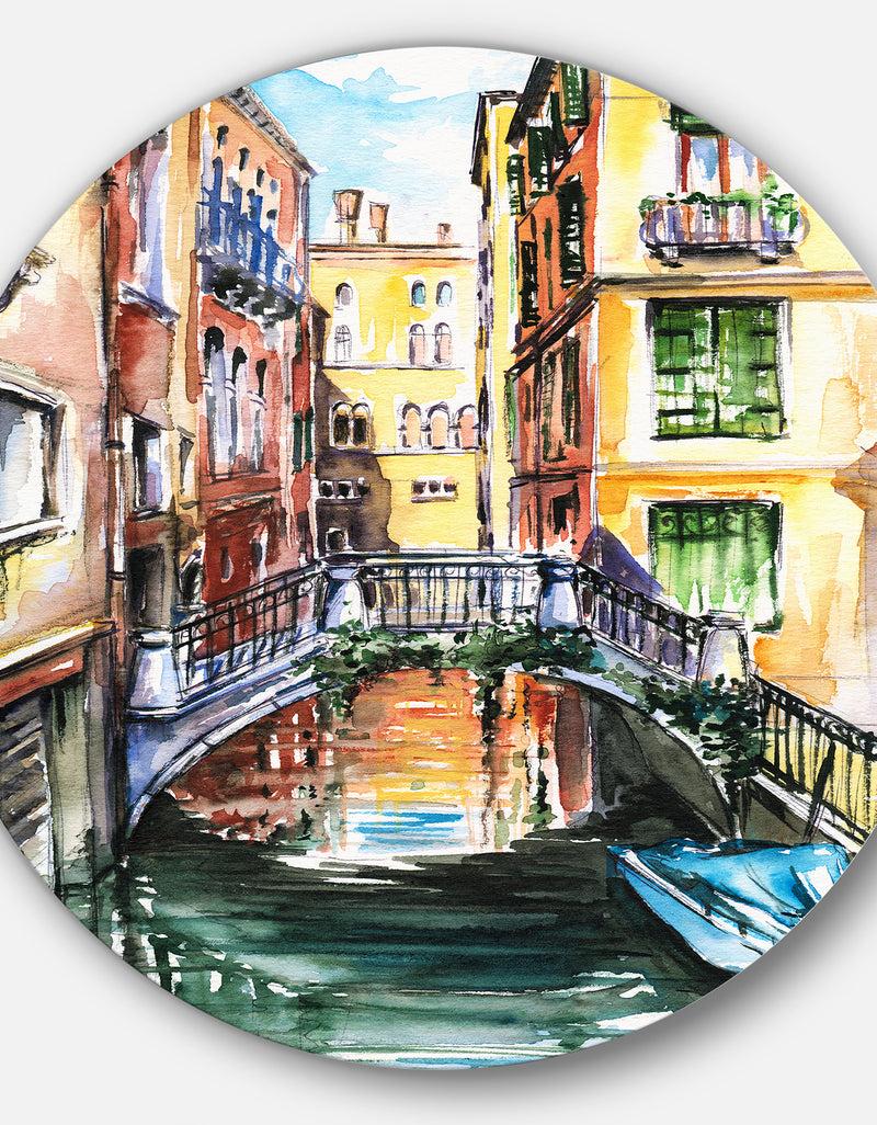 Designq Venice Canal Meeting Bridge - Cityscape Glossy Metal Wall Art