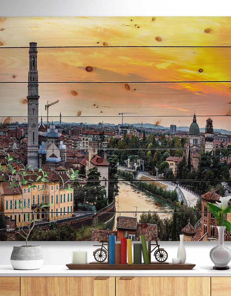 designq Verona at Sunset in Italy - Cityscape Print on Natural Pine Wood