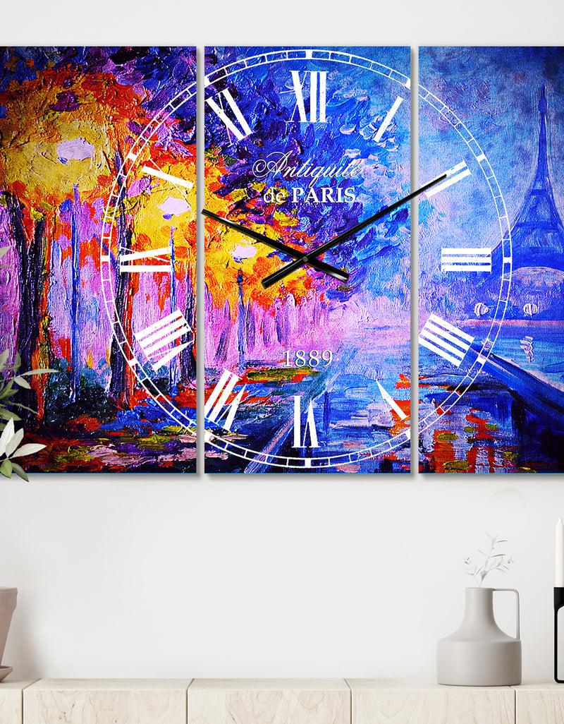 designq View of Paris Eiffel Tower - Cottage 3 Panels Oversized Wall CLock