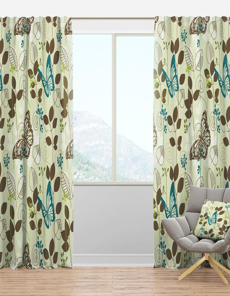 designq Vintage Blue Butterfly on Brown Leaves - Abstract Curtain Panels