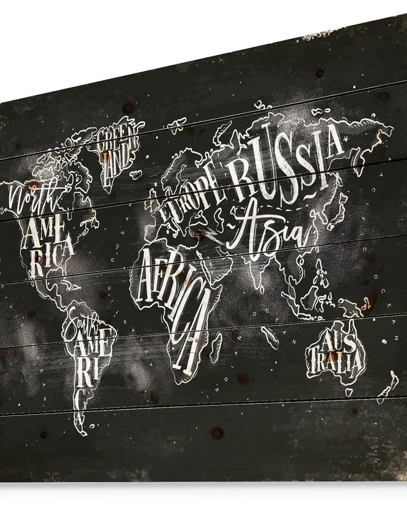 Designq Vintage Chalk Worldmap - Maps Painting Print On Natural Pine Wood