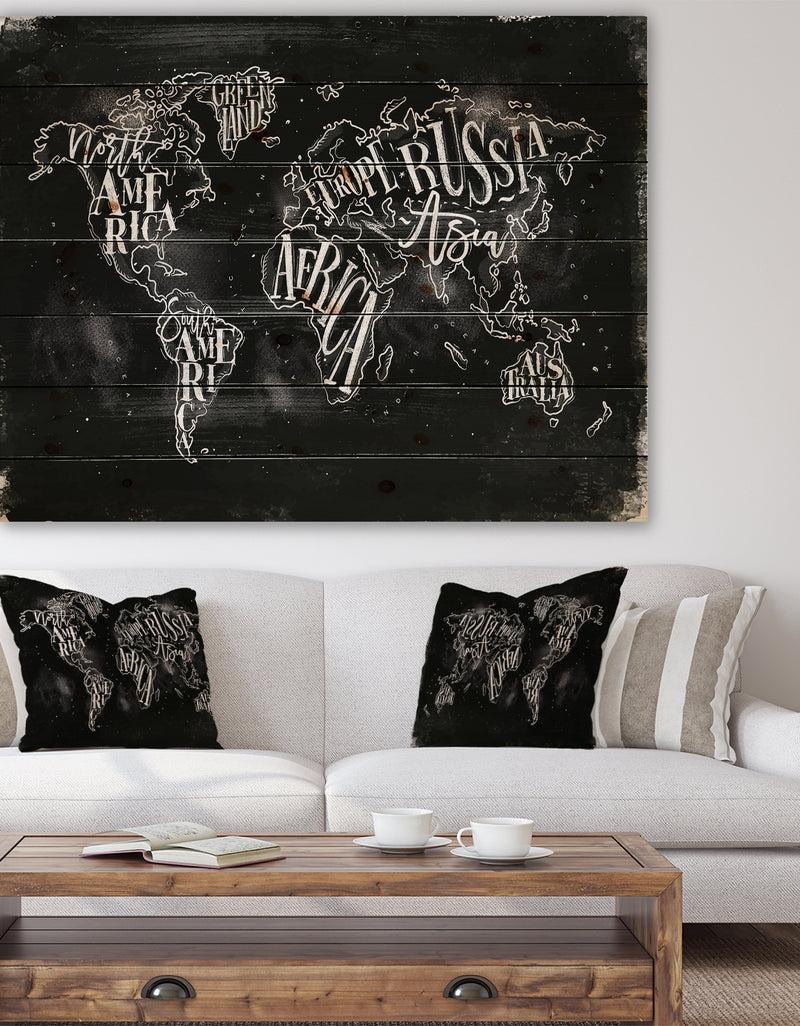 designq Vintage Chalk Worldmap - Maps Painting Print on Natural Pine Wood