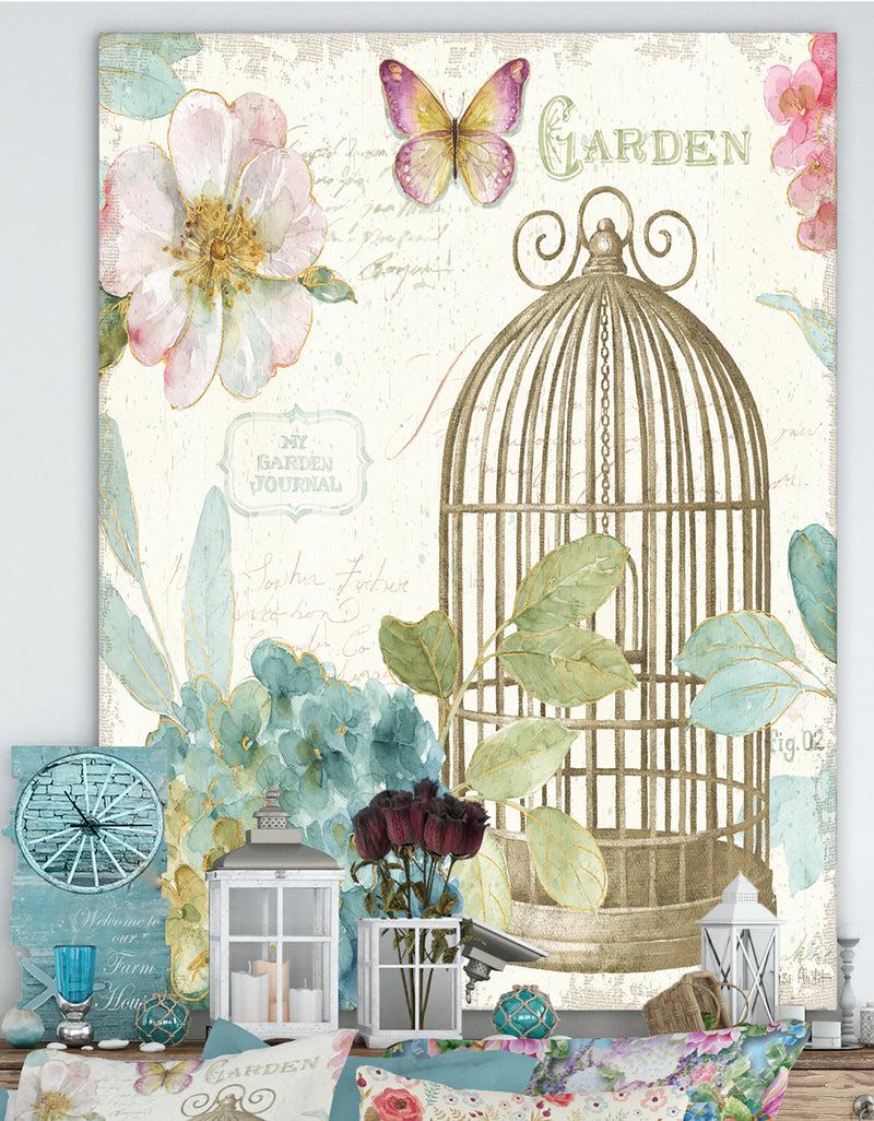 designq Vintage Floral Birdcage II - Traditional Premium Canvas Wall Art