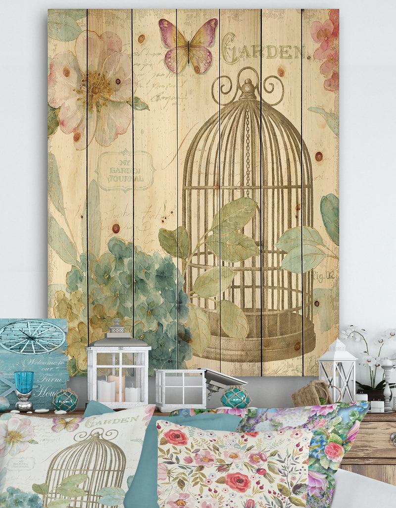 designq Vintage Floral Birdcage II - Traditional Print on Natural Pine Wood