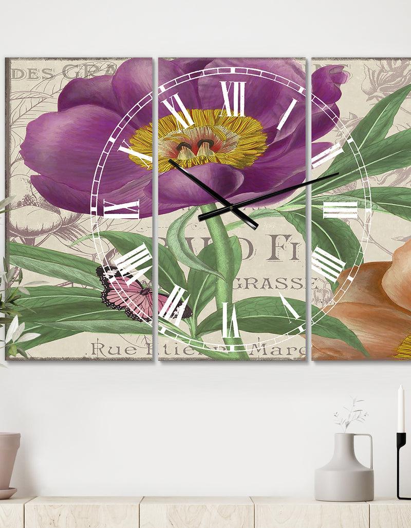 designq Vintage Flowers IV - Large Cottage Wall Clock - 3 Panels