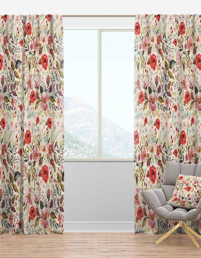designq Vintage Red Pink Flower and Leaves - Rustic Curtain Panels